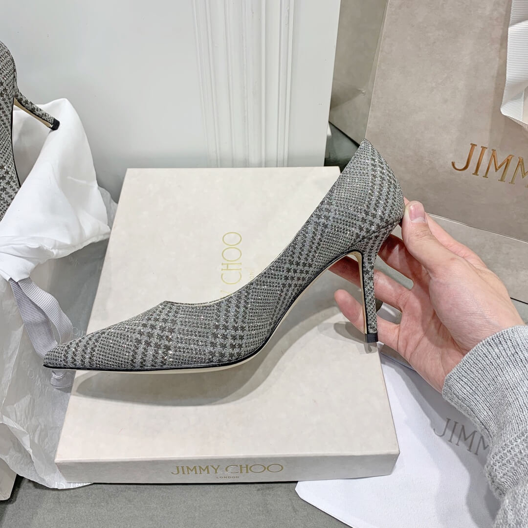 Jimmy Choo Romy Grey Glitter Fabric Pointy Toe Pumps 120011