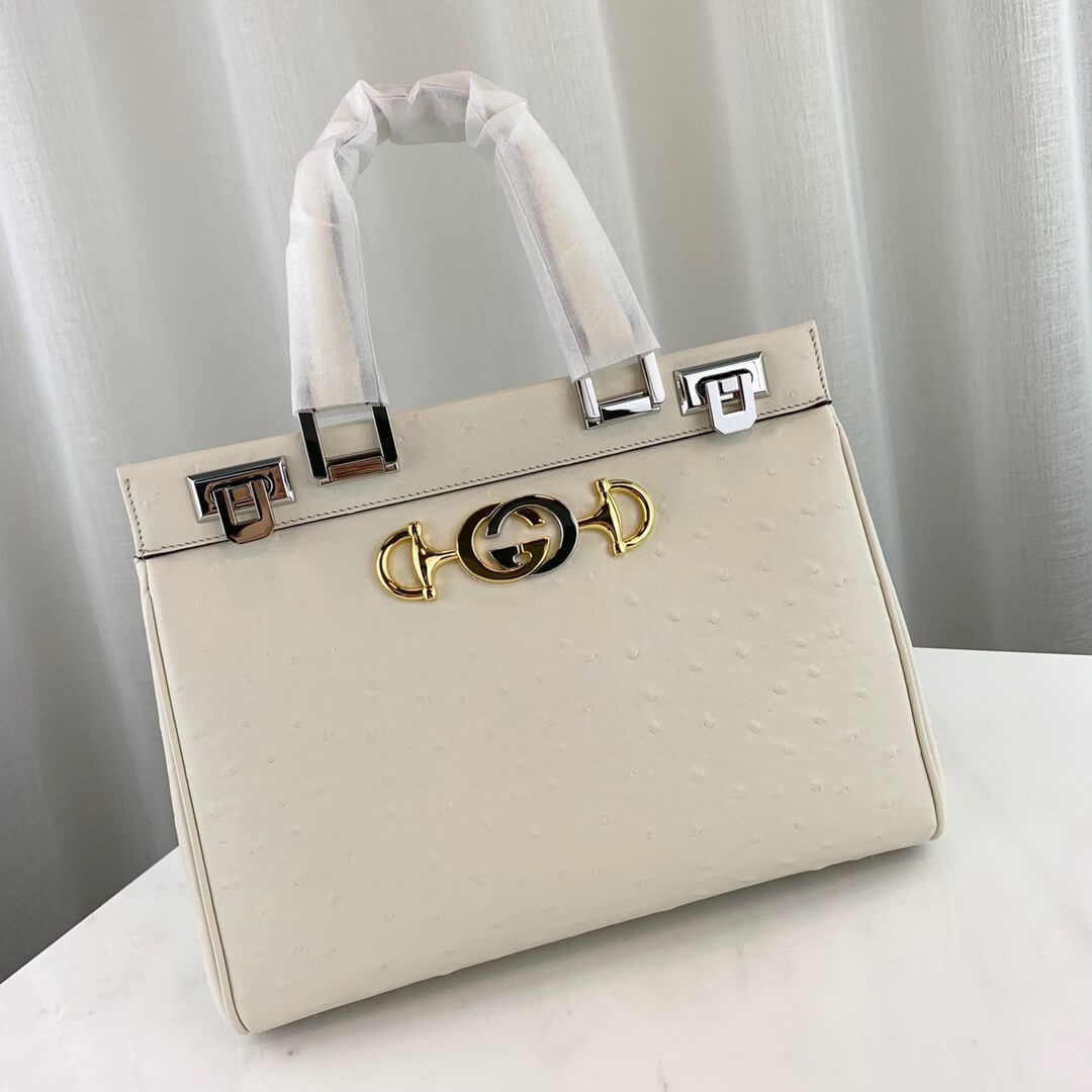 Gucci Zumi Ostrich Leather Medium Top Handle Bag 569712 White