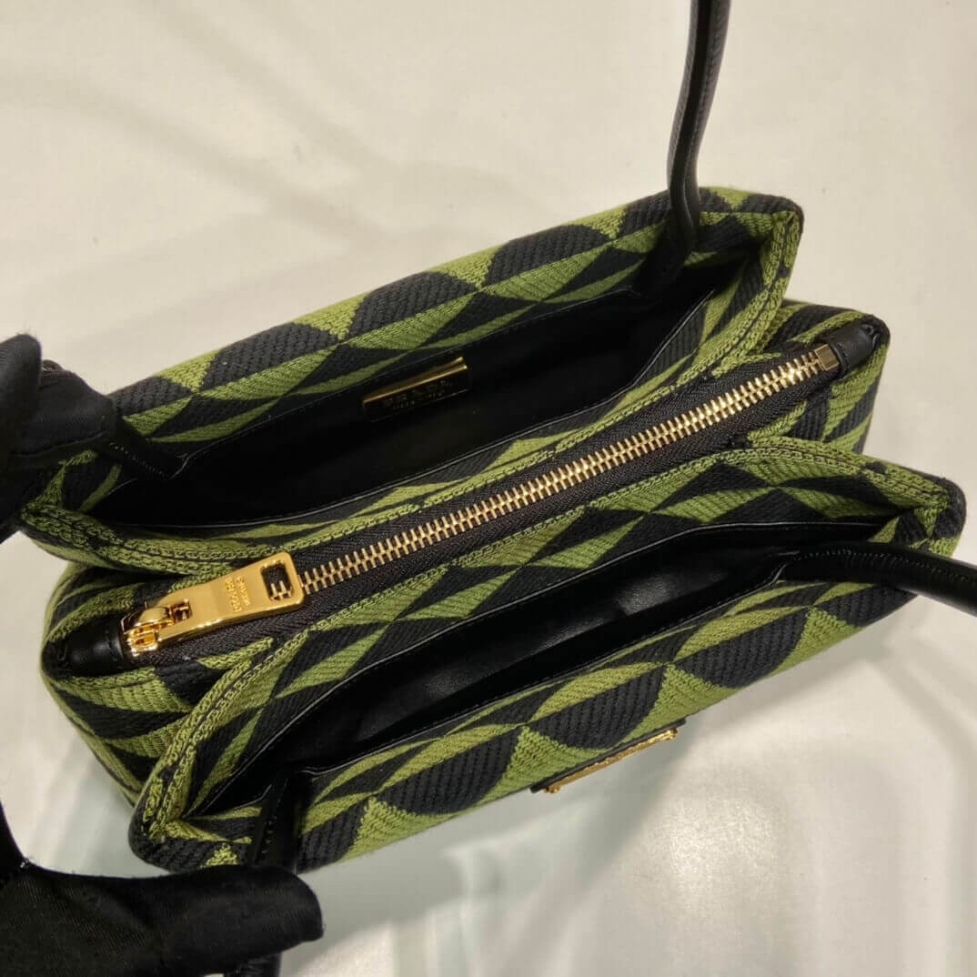 Prada Small Symbole Bag Embroidered Fabric 1BA368 Black/Ivy Green