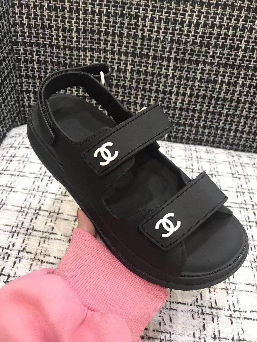 Chanel Velcro Sandals G31848 Black/Silver