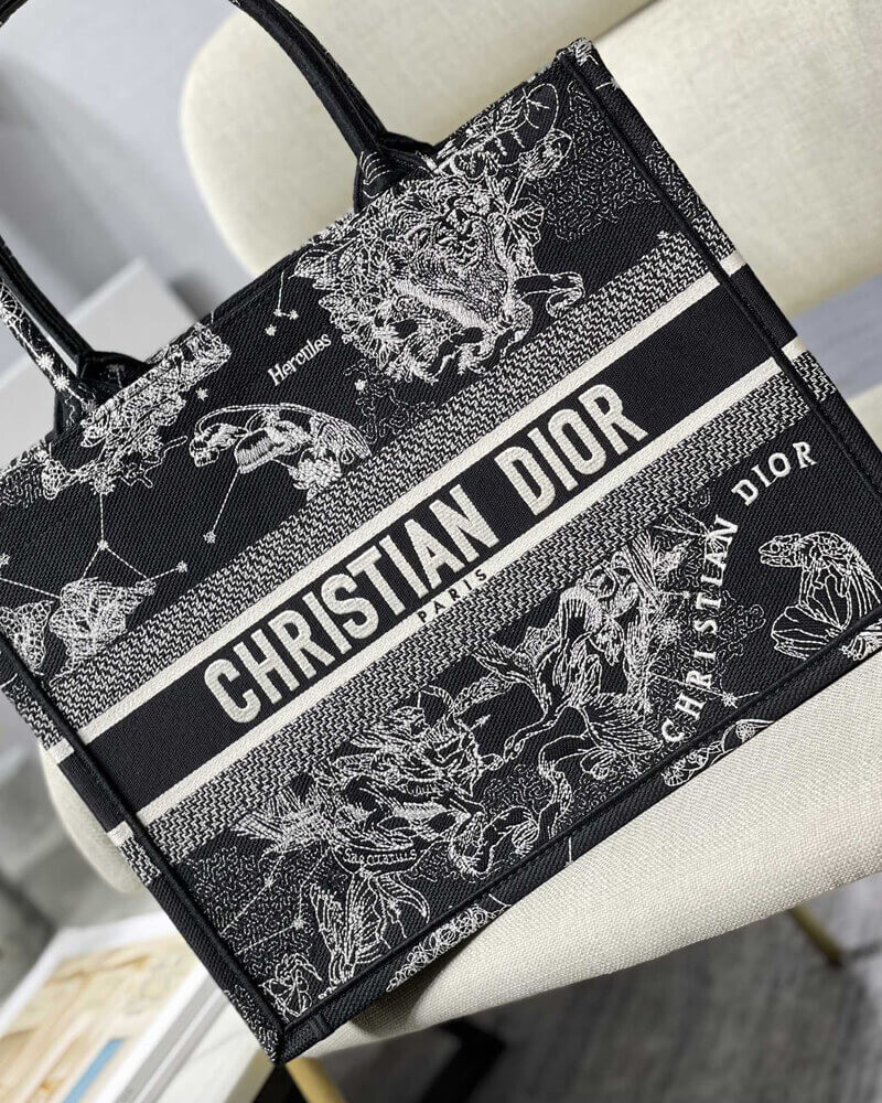 Christian Dior Medium Book Tote Black Toile de Jouy Zodiac Embroidery M1296