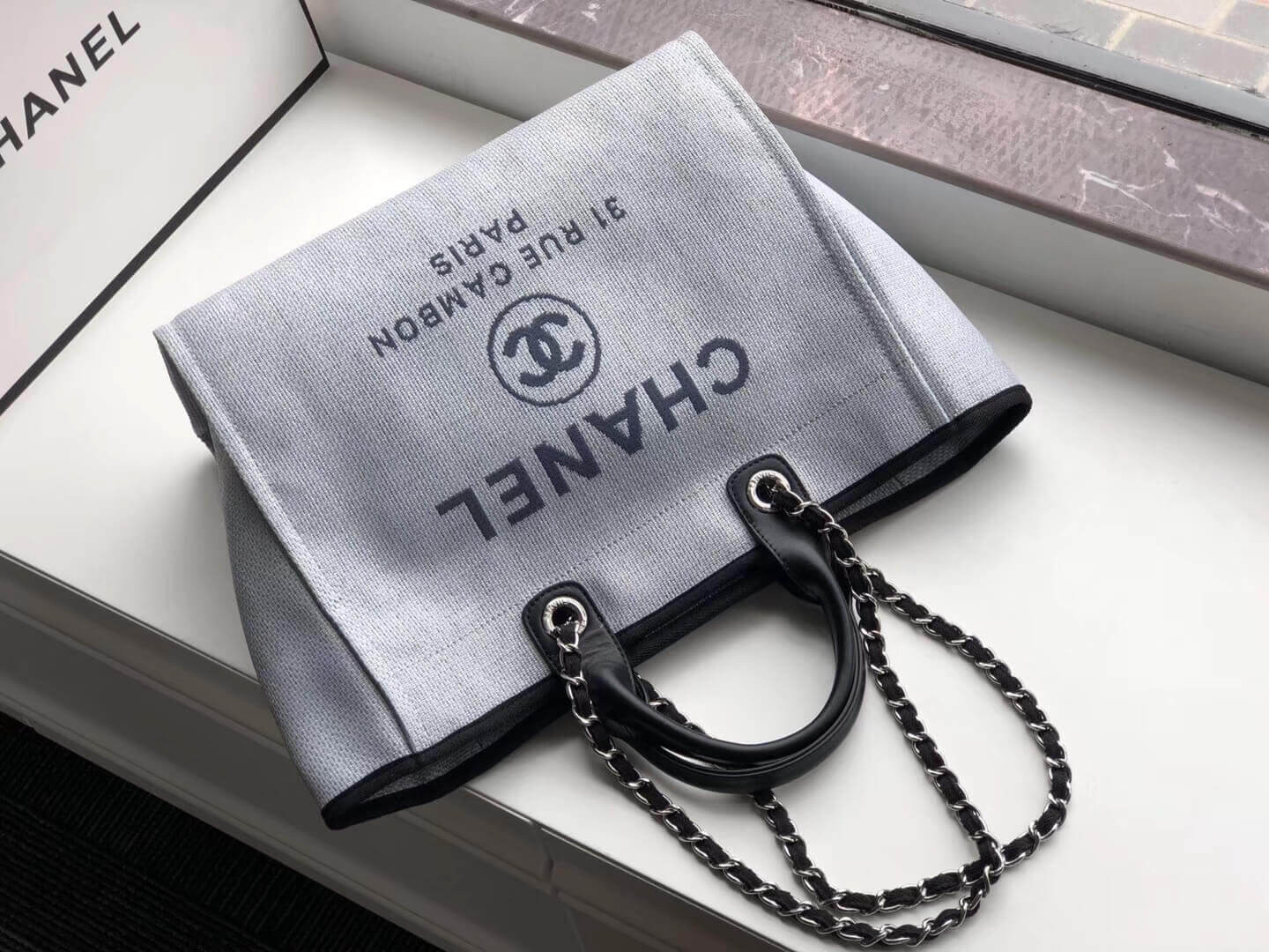 Chanel Deauville Tote 38cm Canvas Bag A66941 Light Grey/Black