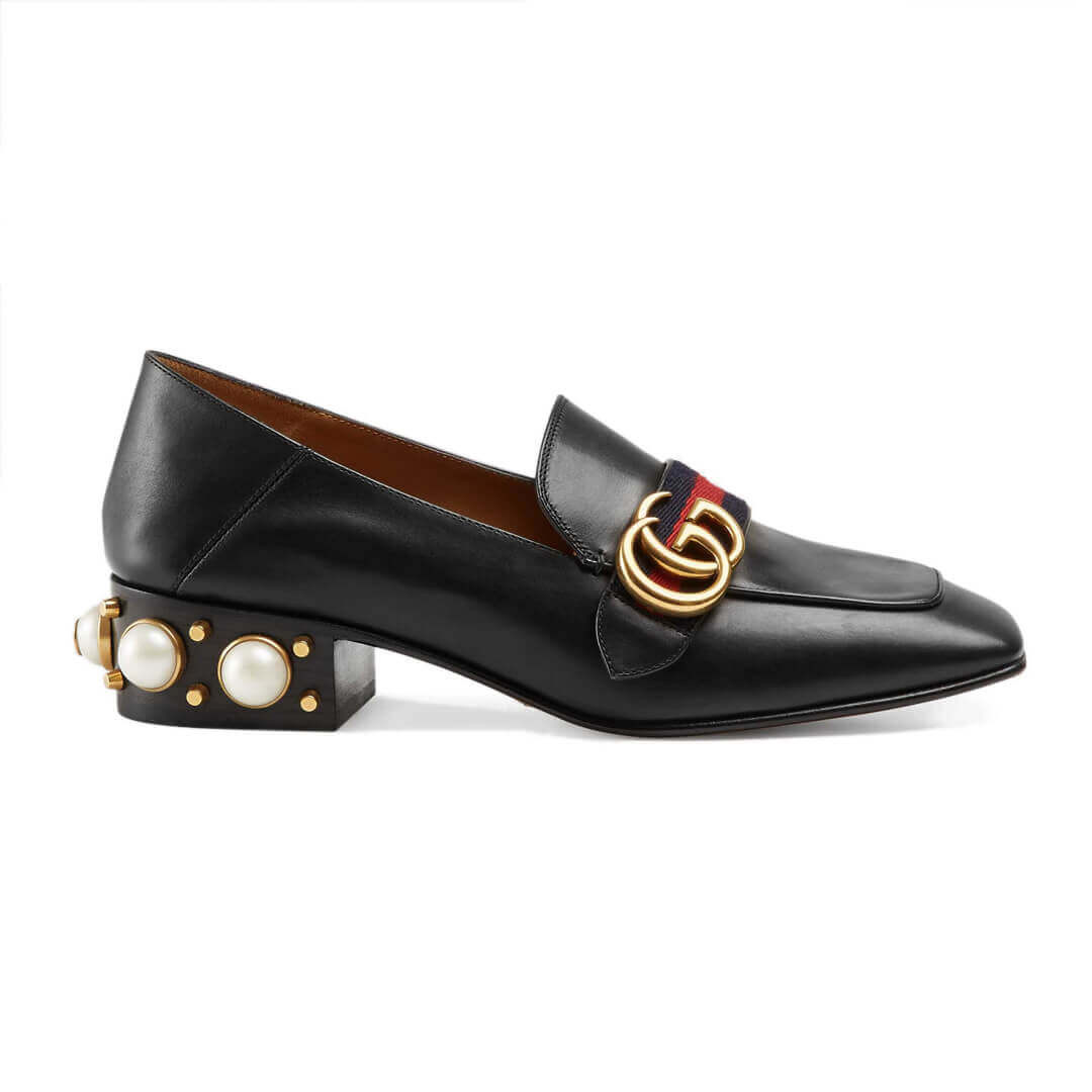 Gucci Calfskin Web Pearl Embellished Mid-Heel Loafer 423559
