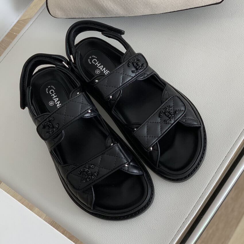 Chanel Caviar Gold CC Logo Velcro Dad Sandals G35927 Black