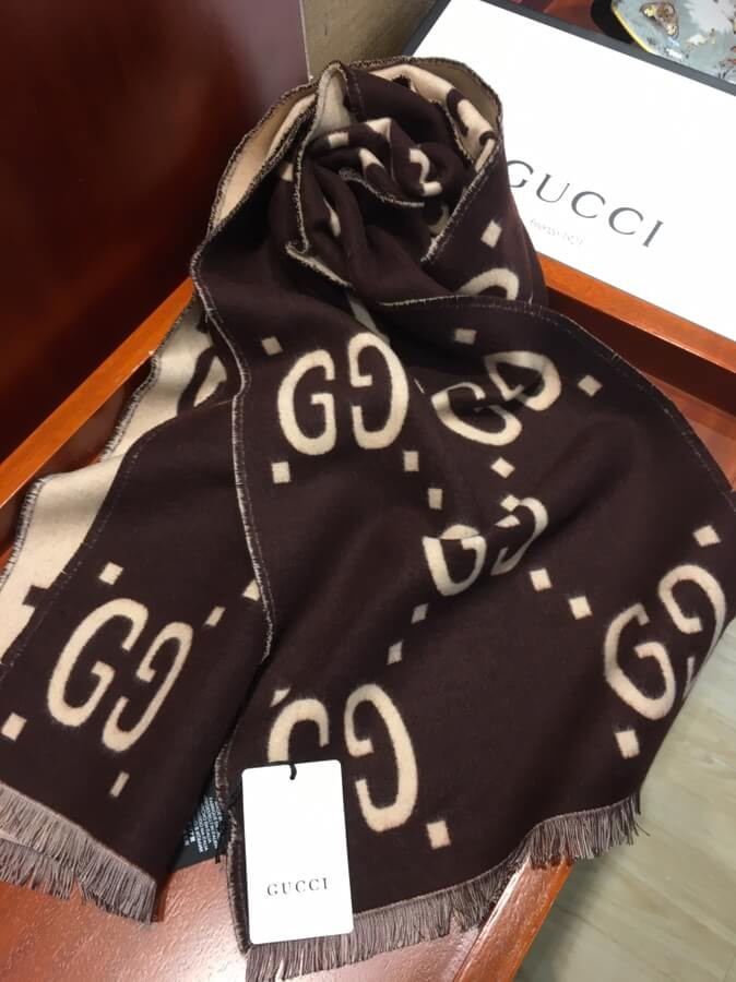 Gucci GG Jacquard Wool Silk Scarf 495592 Black/Beige