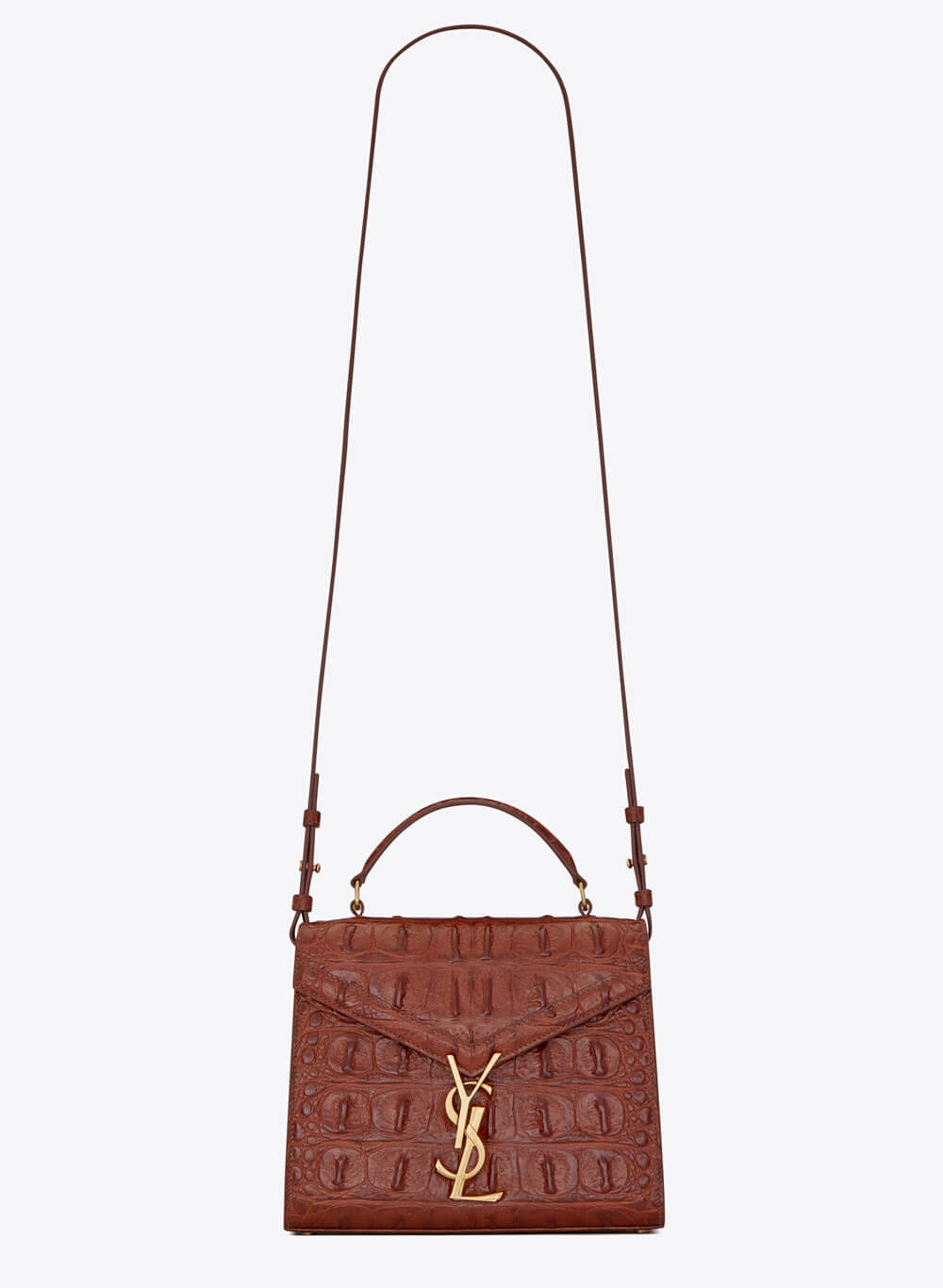 YSL Saint Laurent Cassandra Mini Top Handle Bag In Caiman Embossed Leather 602716 Brown