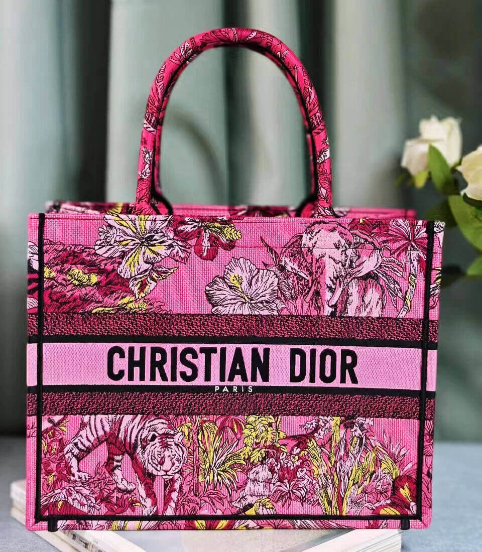 Christian Dior Book Tote Fuchsia Multicolor Toile De Jouy Voyage Embroidery