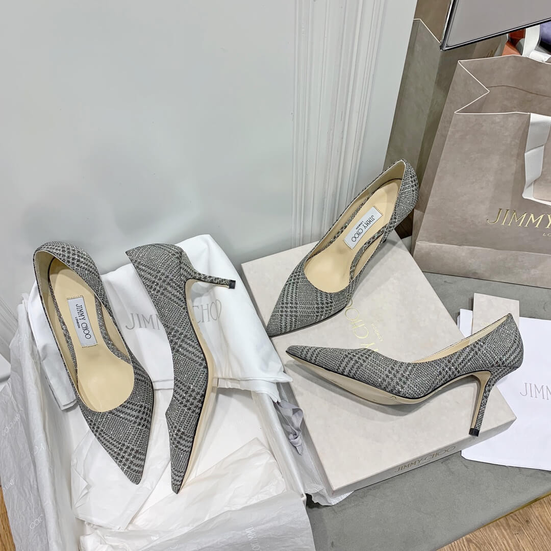 Jimmy Choo Romy Grey Glitter Fabric Pointy Toe Pumps 120011