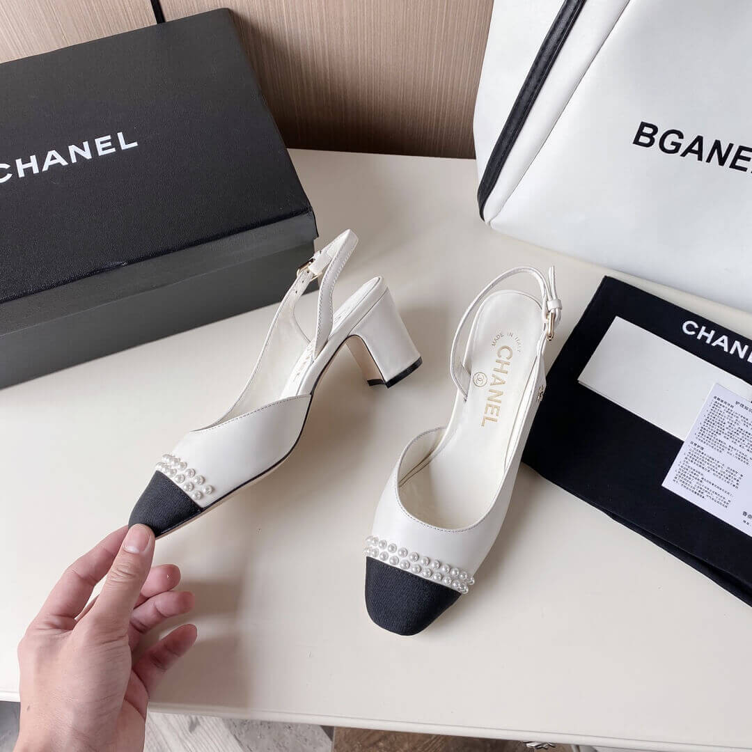 Chanel Pearl Embellished CC Cap Toe Slingbacks 36124