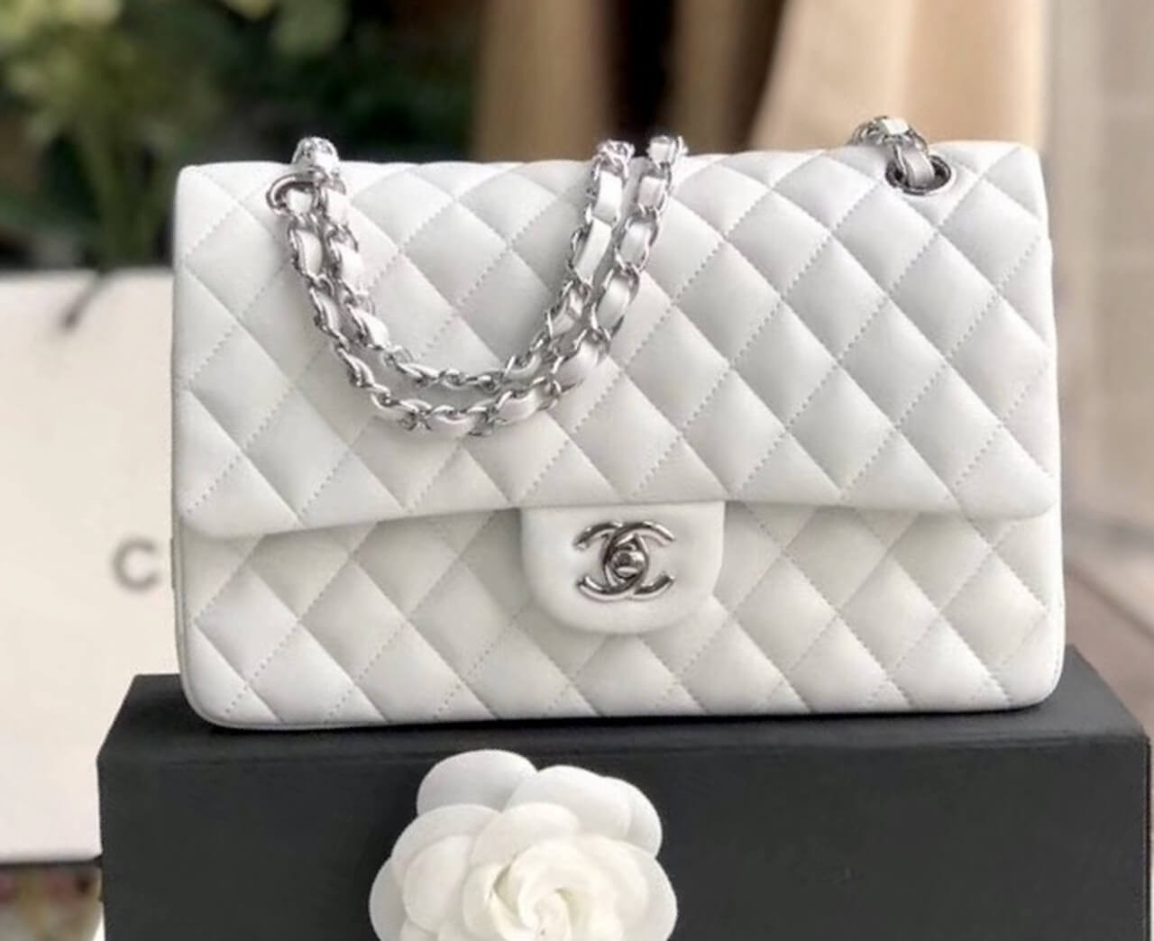 Chanel 1112 White Medium Size 2.55 Lambskin Leather Flap Bag