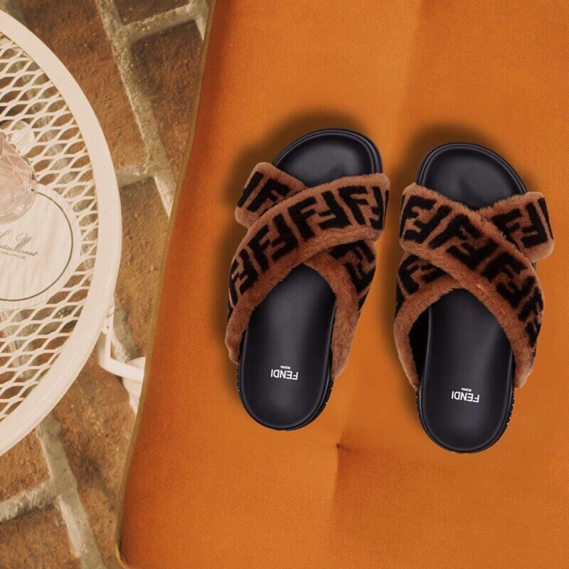 Fendi Logo Shearling Fur Slides Sandals F126