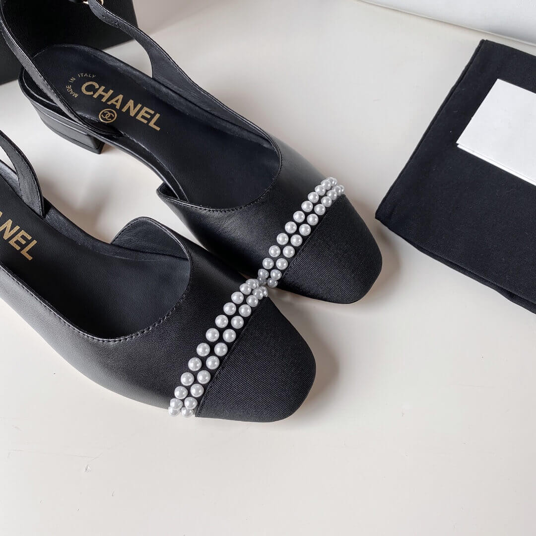 Chanel Pearl Embellished CC Cap Toe Flat Slingbacks 36125