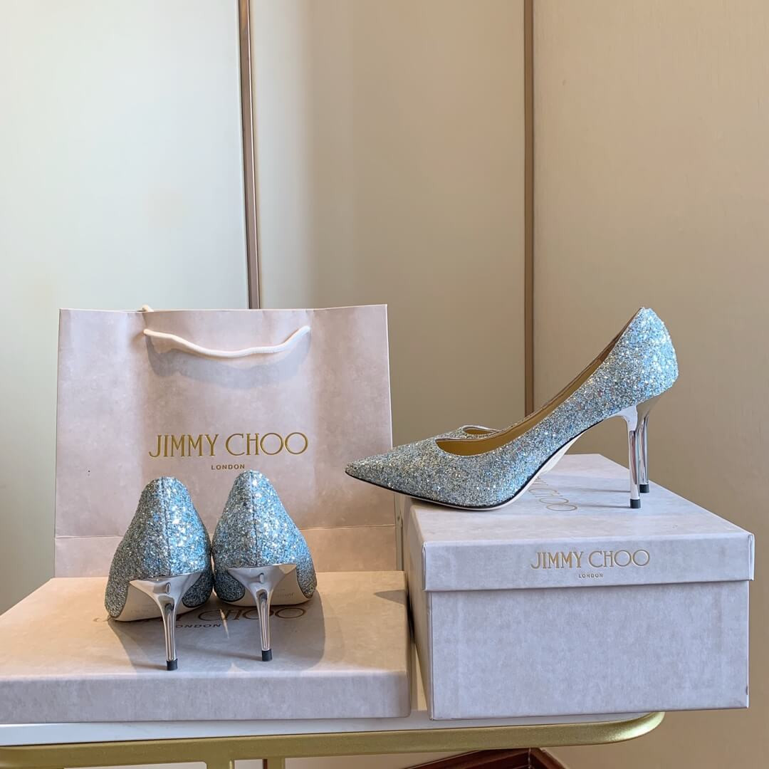 Jimmy Choo Silver Romy Glitter Fabric Pointy Toe Pumps 120011