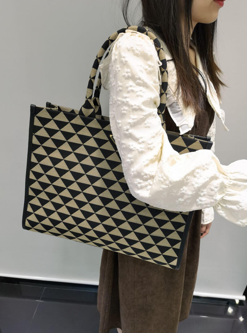 Prada Large Symbole Embroidered Fabric Handbag 1BA356 Black/Beige