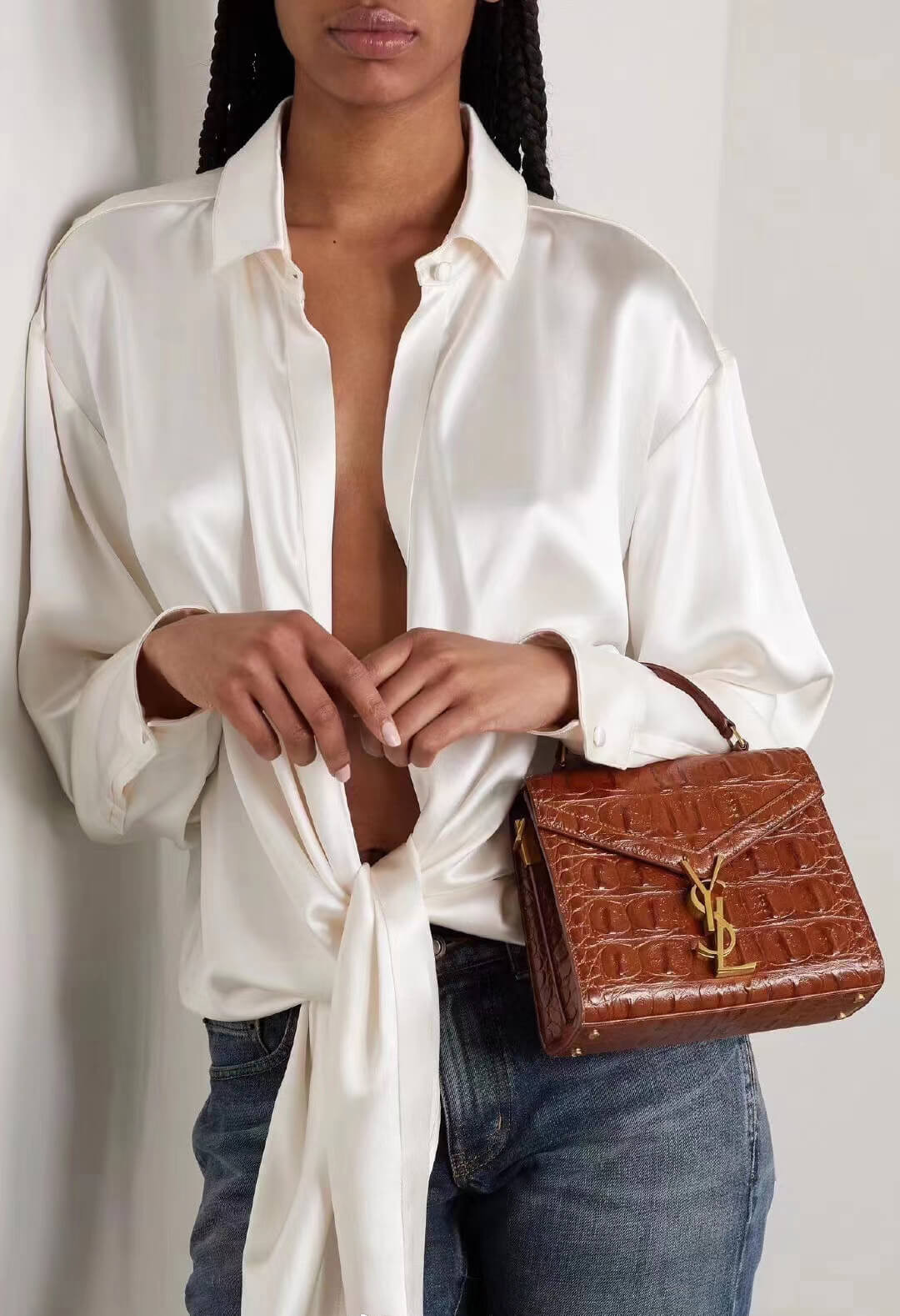 YSL Saint Laurent Cassandra Mini Top Handle Bag In Caiman Embossed Leather 602716 Brown