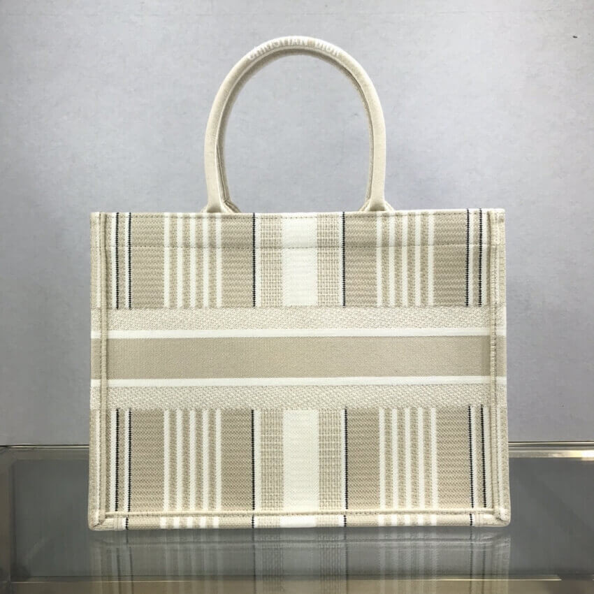 Dior Small Book Tote Beige Stripes Embroidery M1296