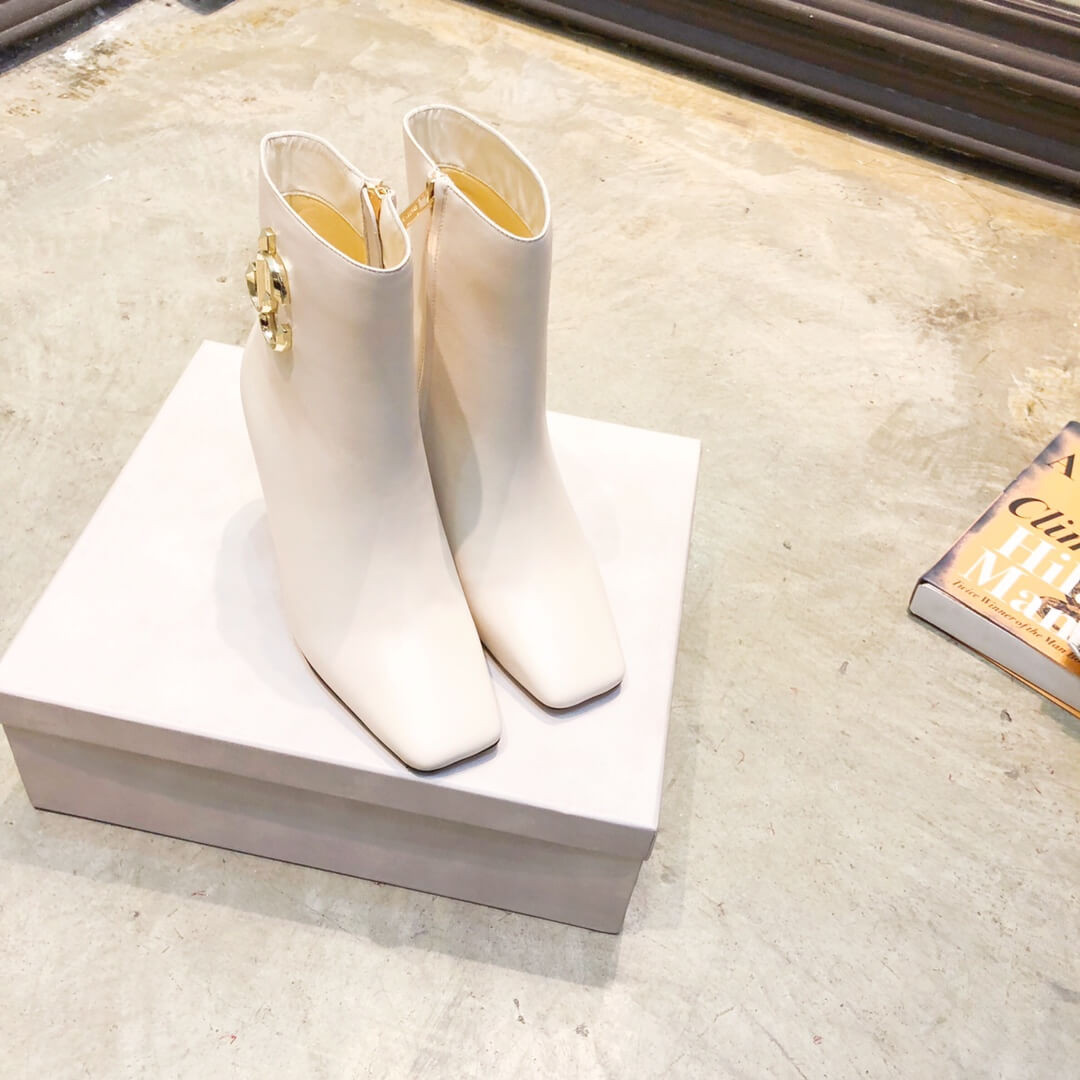 Jimmy Choo Latte Calf Leather Ankle Bootie with Gold JC Logo 80258