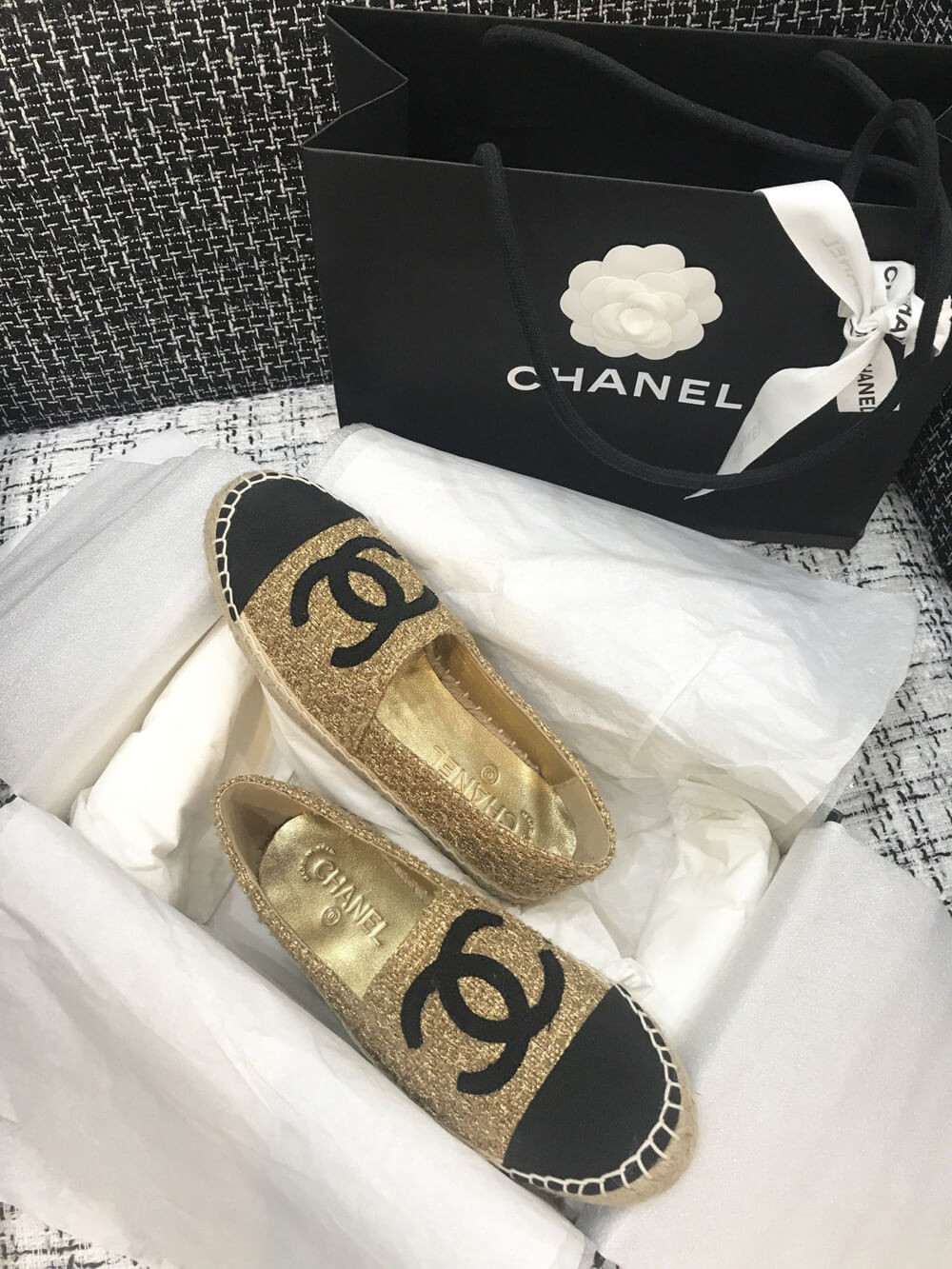 Chanel Tweed Espadrilles G29762 Light Coffee/Black