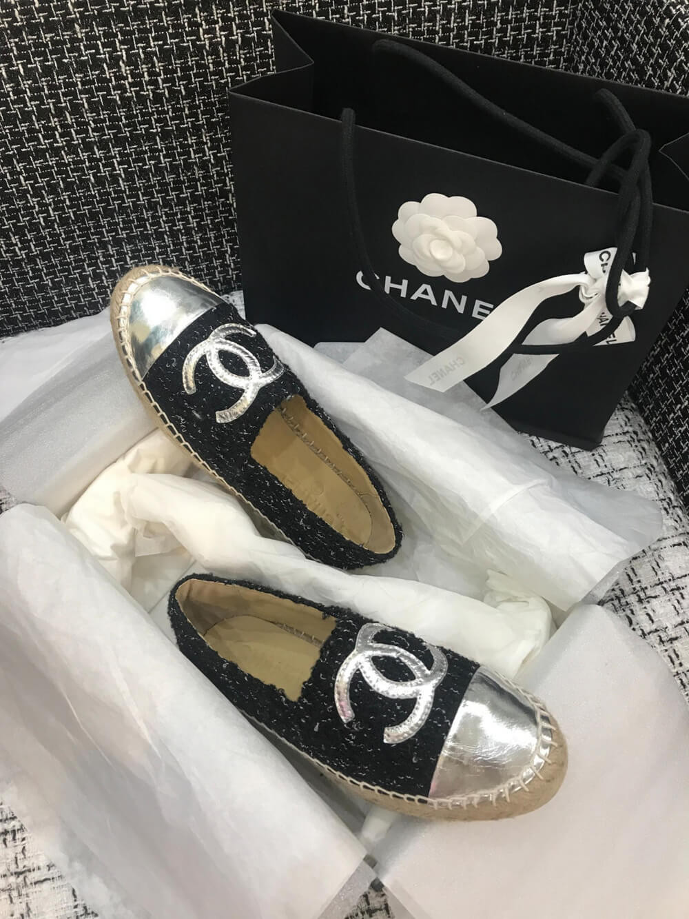 Chanel Tweed & Patent Calfskin Espadrilles G29762 Black/Silver
