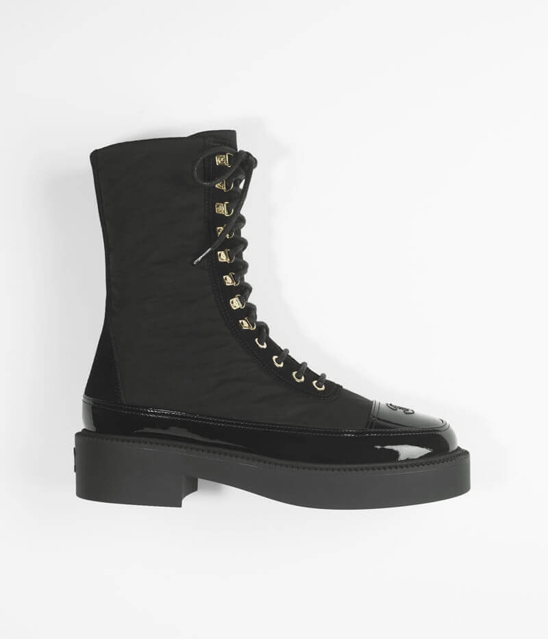 Chanel Nylon and Patent Calfskin Lace-Ups Boots G38086 Black