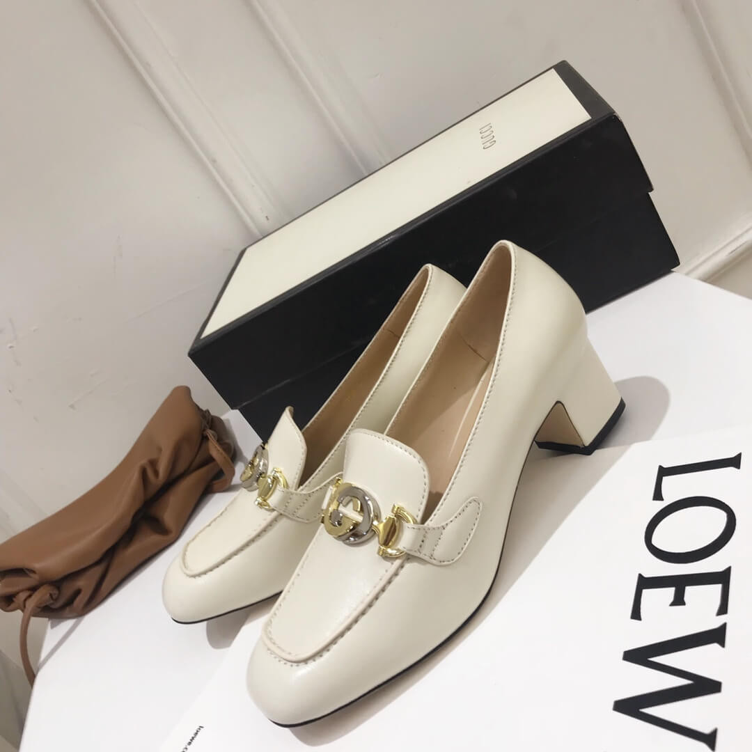 Gucci Zumi Leather Mid-Heel Loafer 575832 White