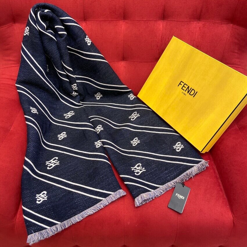 Fendi Wool Scarf In Beige/Blue FXT085