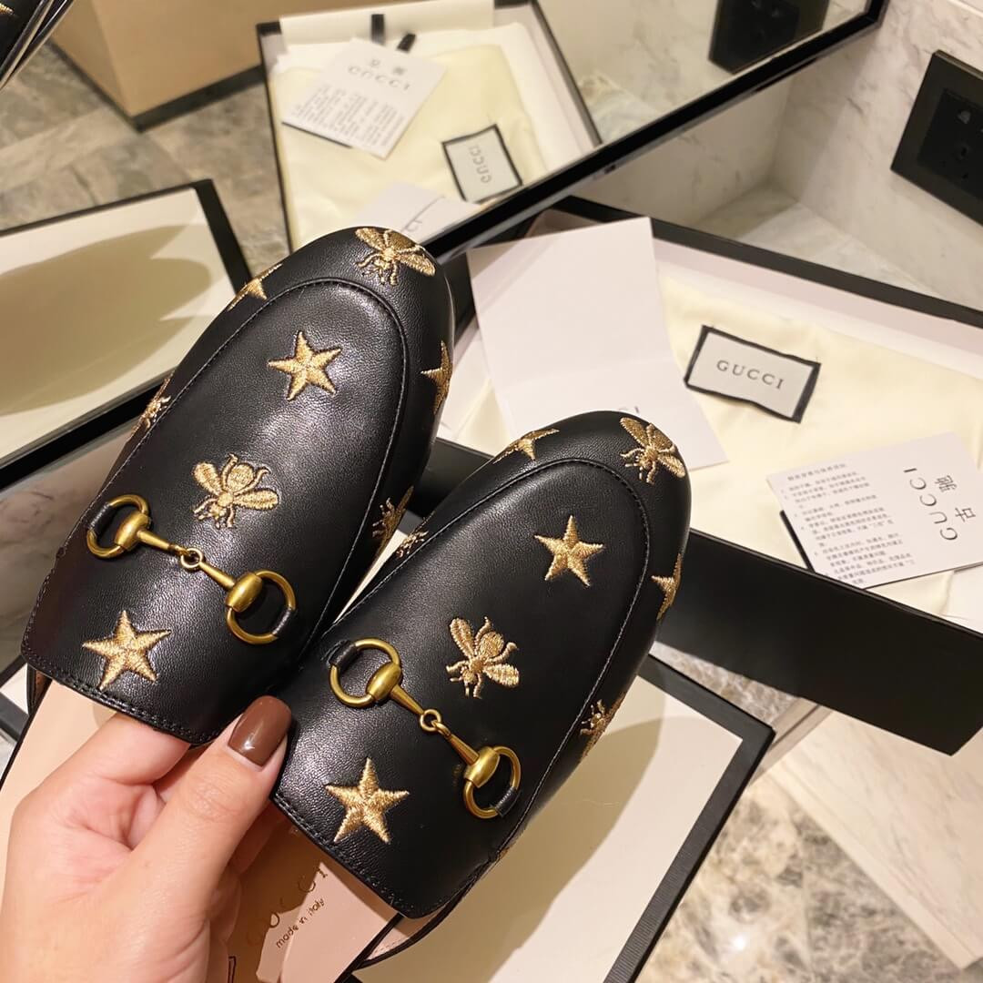 Gucci Princetown Embroidered Leather Slipper 505268 Black