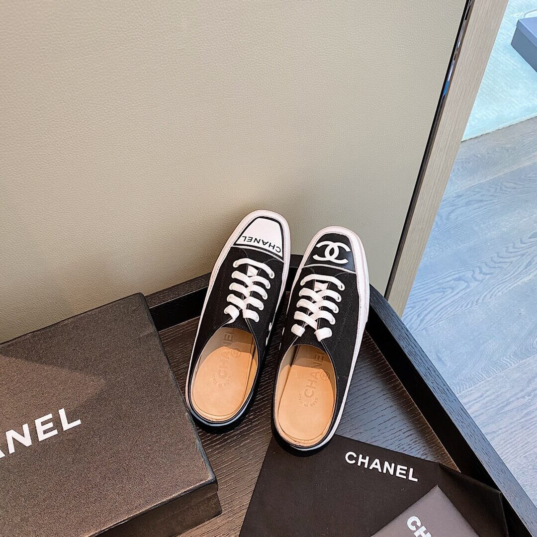 Chanel Canvas Lace Up Cap Toe Slipper 382301