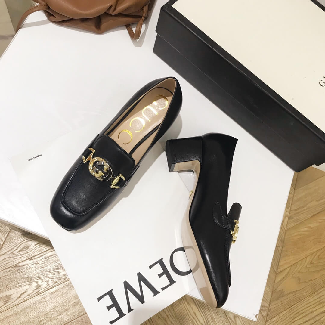 Gucci Zumi Leather Mid-Heel Loafer 575832 Black