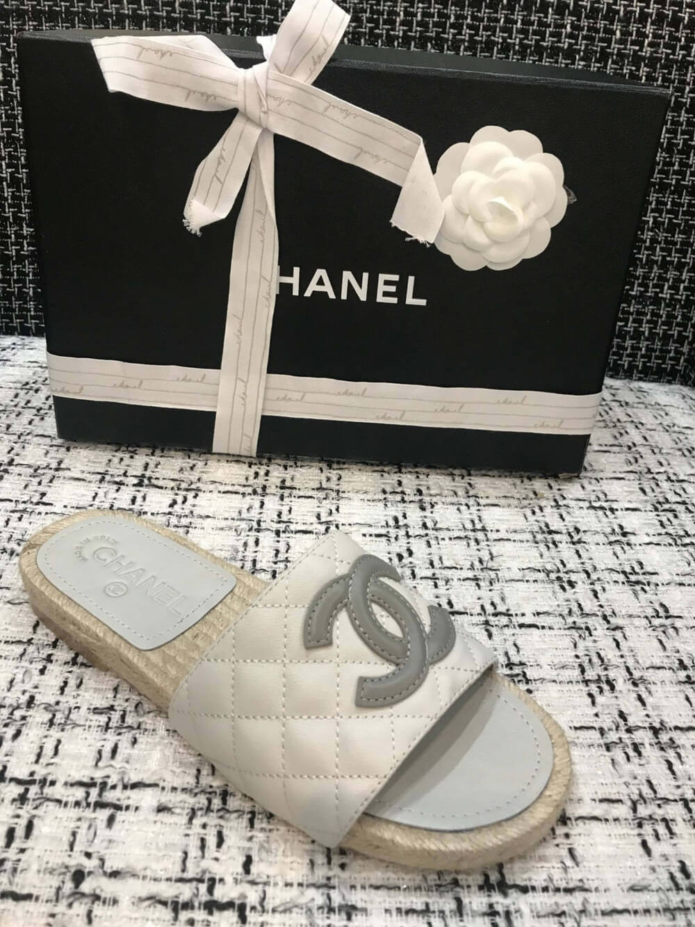 Chanel CC Quilted Mules G35604 White/Grey