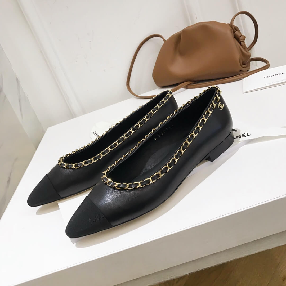 Chanel Grosgrain and Lambskin Chain Flats Ballerinas G35389