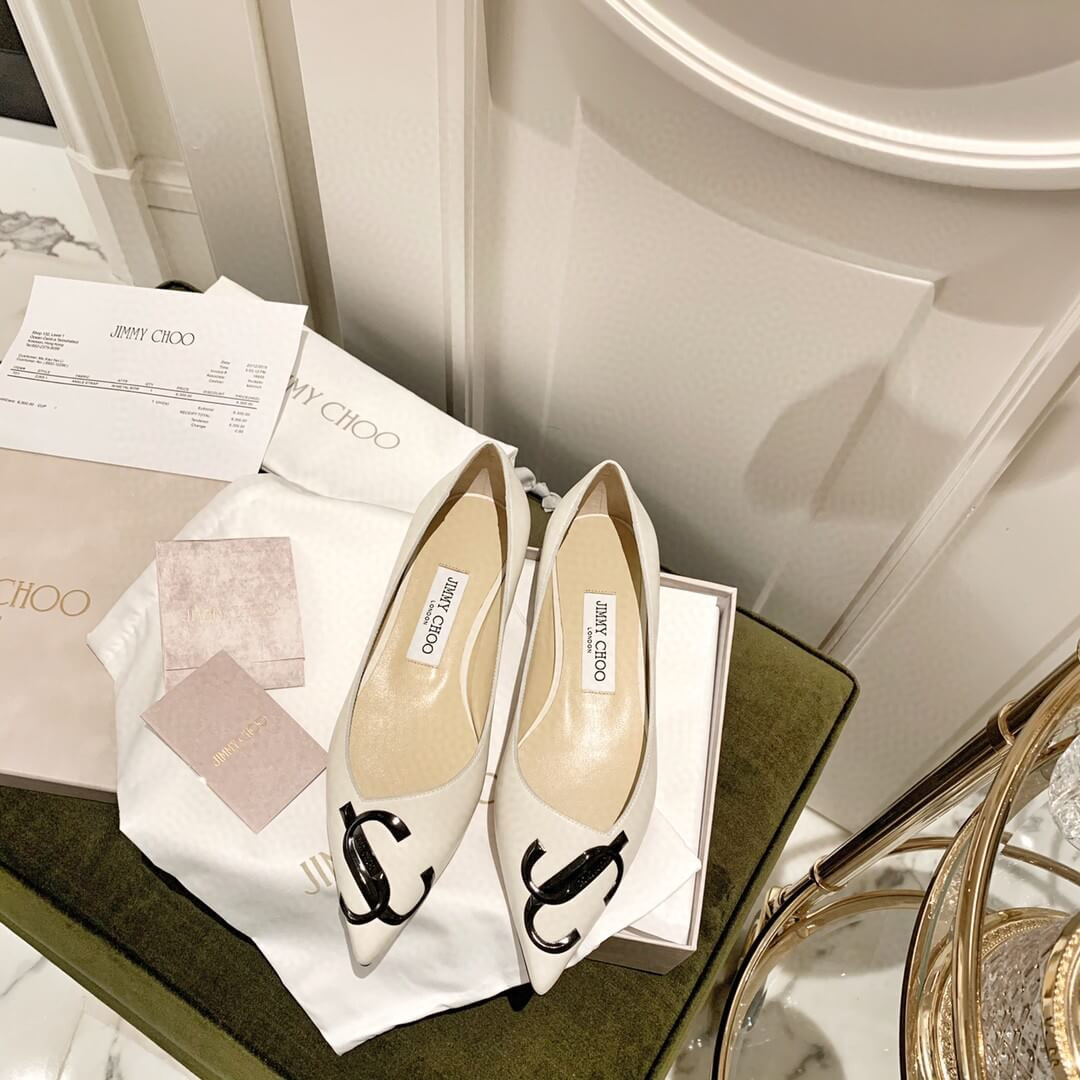 Jimmy Choo Love Flats Leather Pumps In White and Black Logo 231161