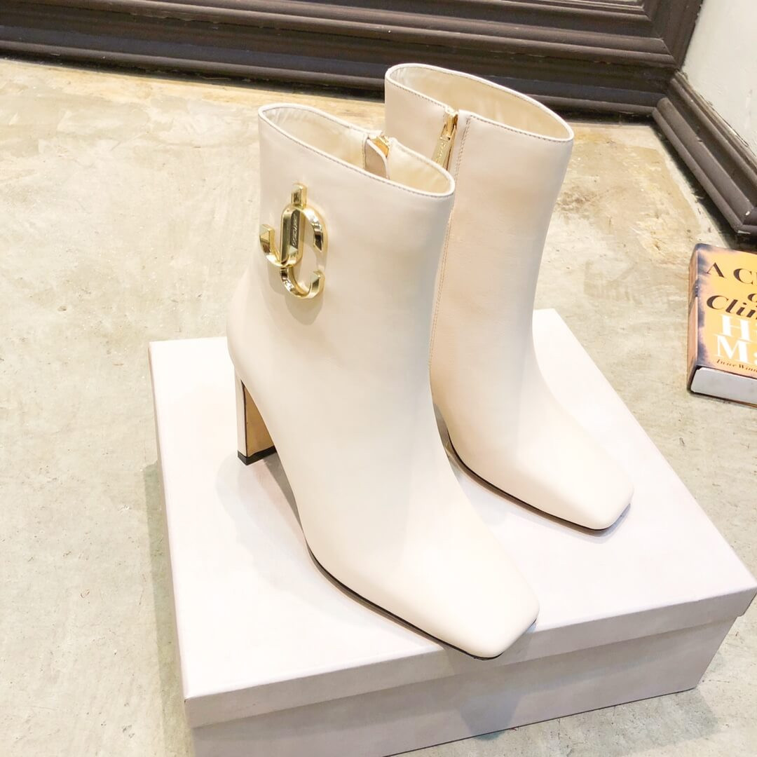 Jimmy Choo Latte Calf Leather Ankle Bootie with Gold JC Logo 80258