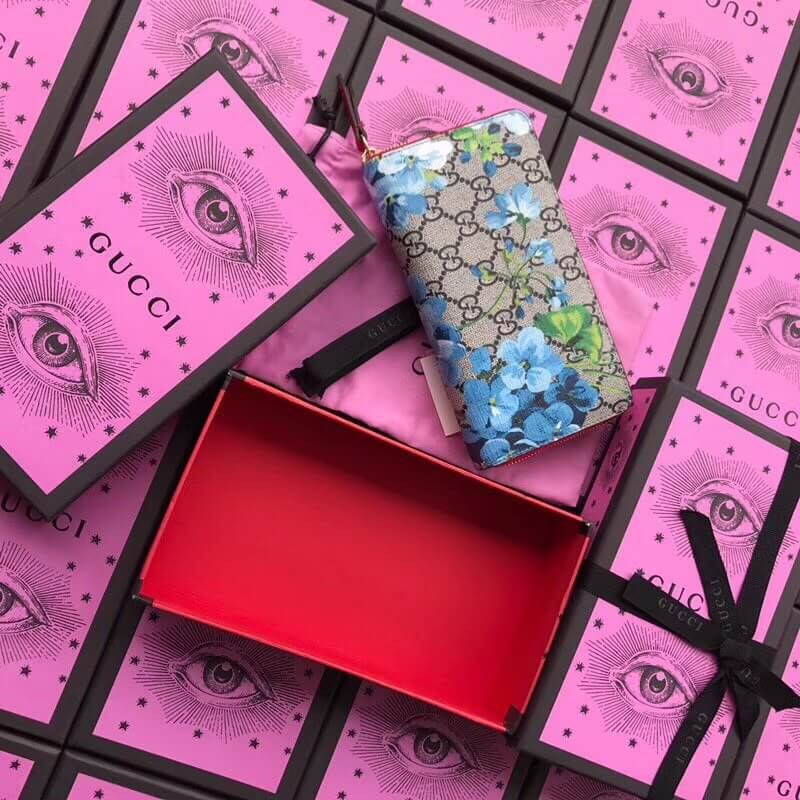Gucci GG Blooms Supreme Zip Around Wallet 404071 Blue