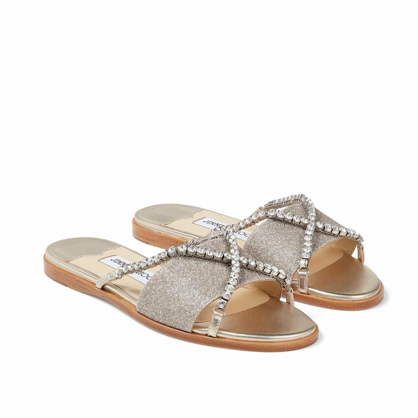 Jimmy Choo Aadi Platinum Ice Dusty Glitter Flats With Crystal Chain C6137