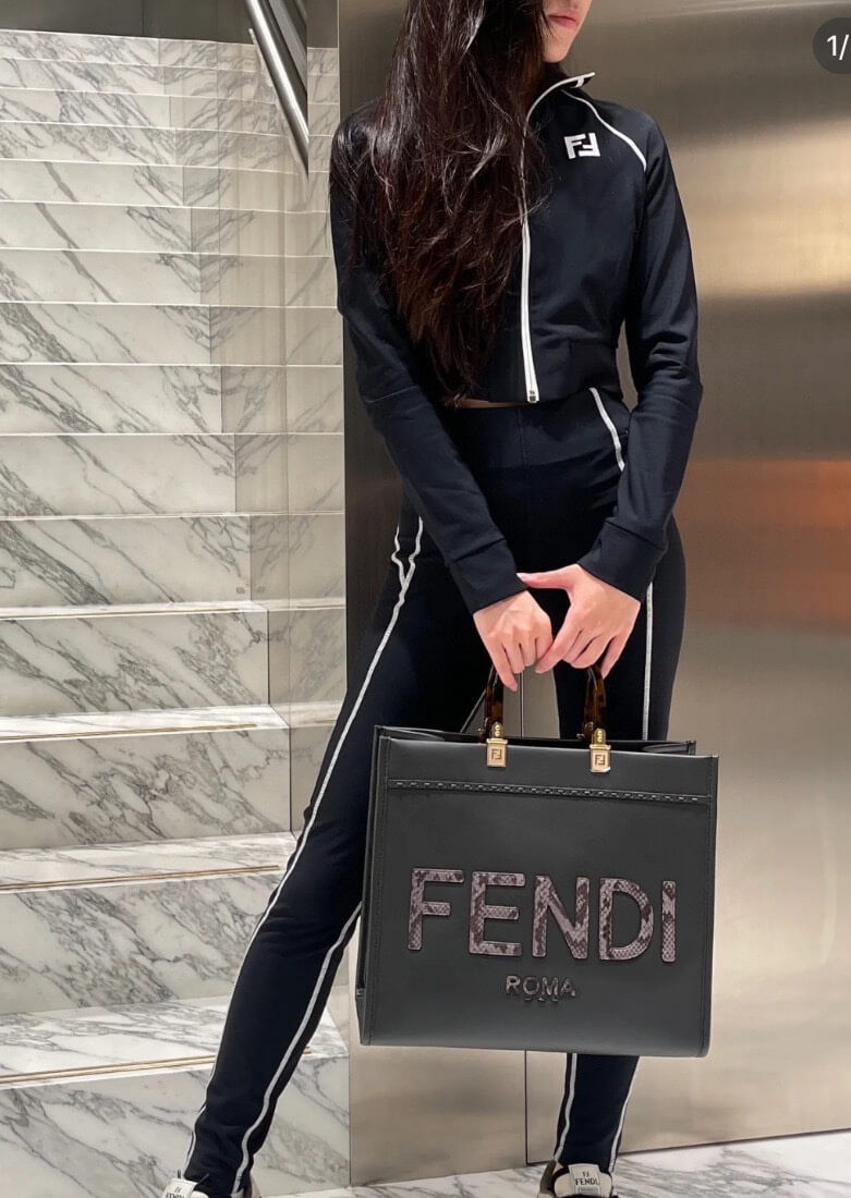 Fendi Sunshine Medium Python Embossed Logo Dark Grey Tote 8BH386