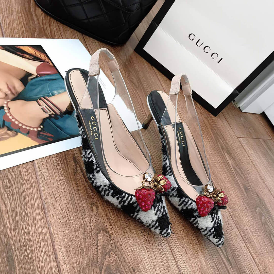 Gucci Eleonor Crystal-Strawberry Tweed Slingback Pumps 286148 Black
