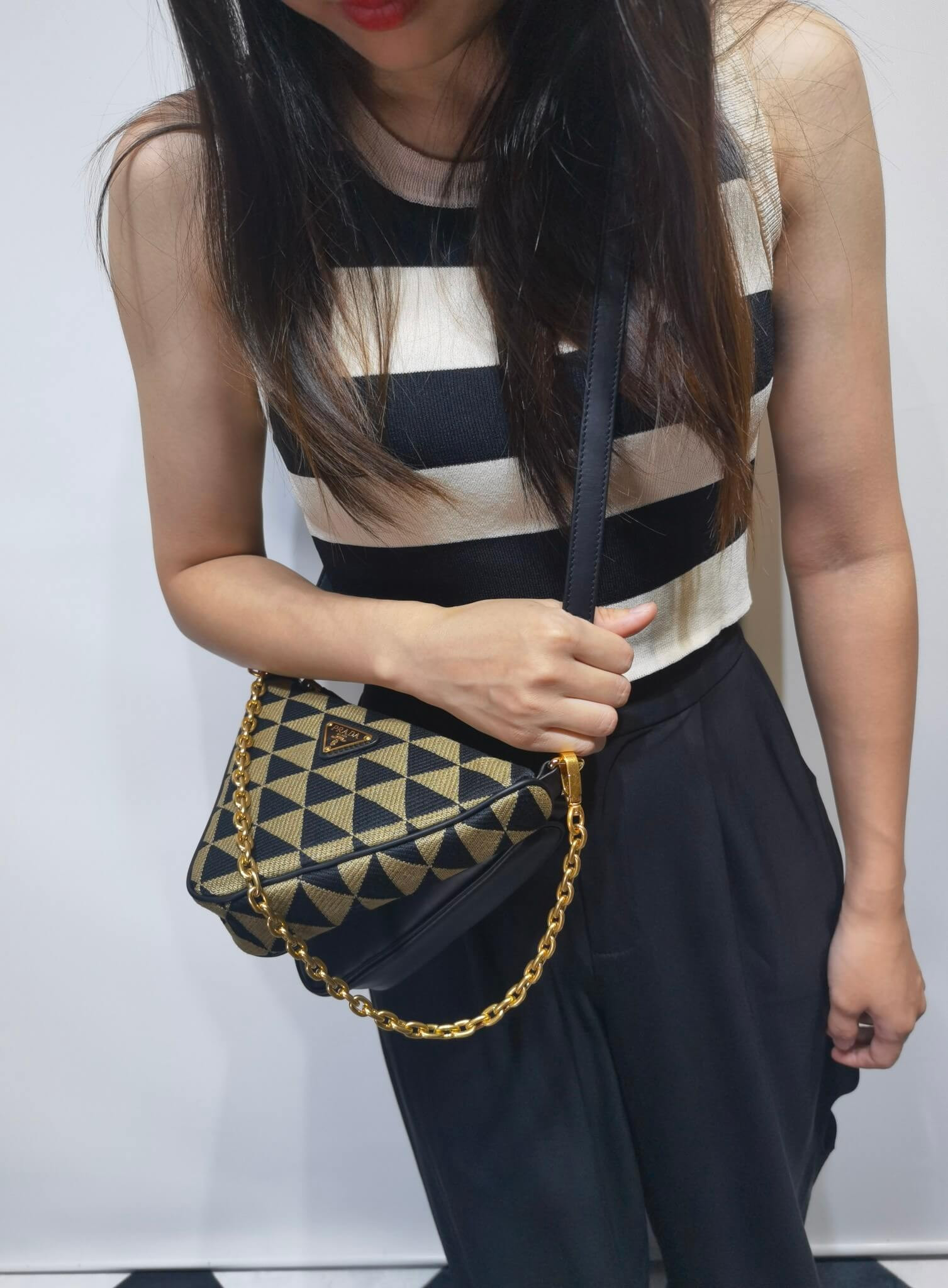 Prada Symbole Leather and Fabric Mini Bag 1BC176 Black/Beige