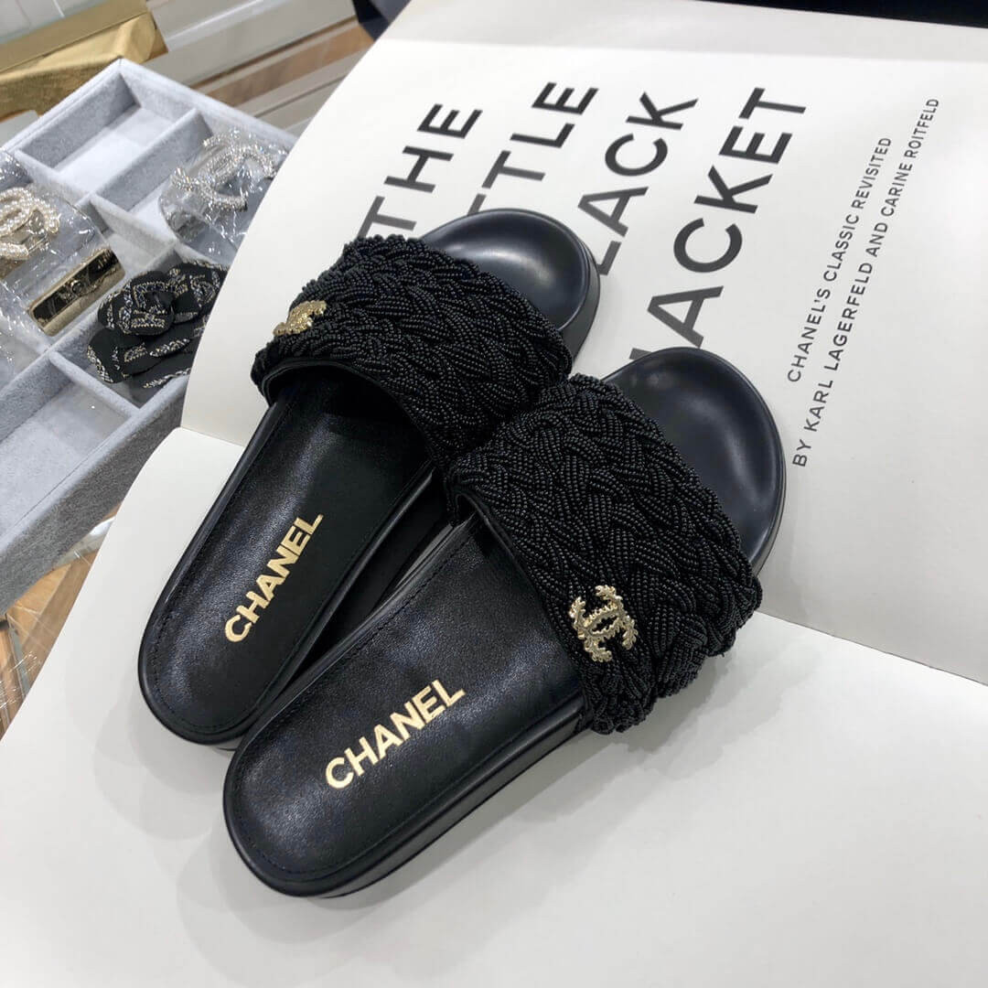 Chanel Pearls & Lambskin Black Mules G35696