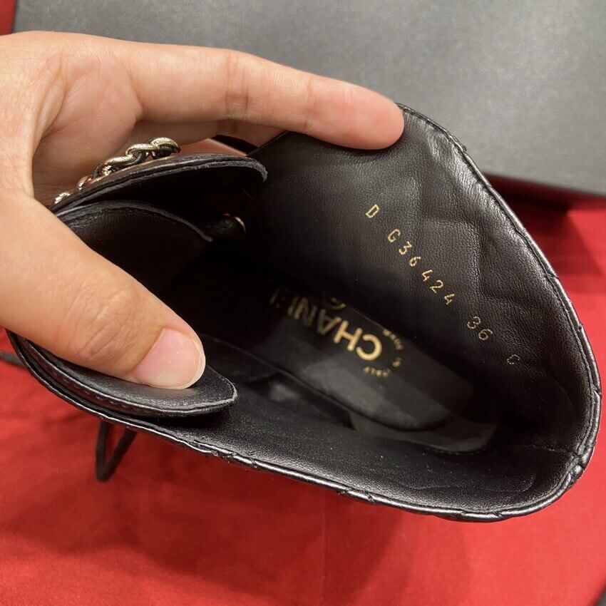 Chanel Black Quilted Gold CC Logo Chain Combat Lace Up Boots G36424