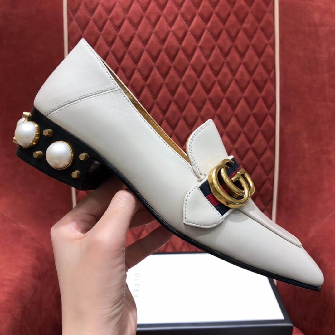 Gucci Calfskin Web Pearl Embellished Mid-Heel Loafer 423559