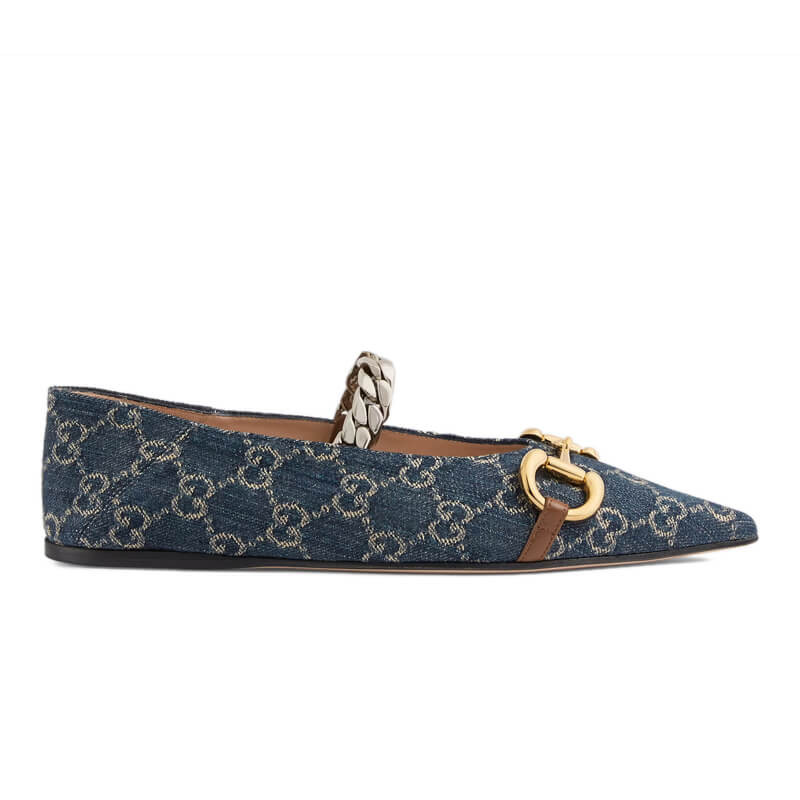 Gucci Ballet Flat With Horsebit In Blue Denim 621161