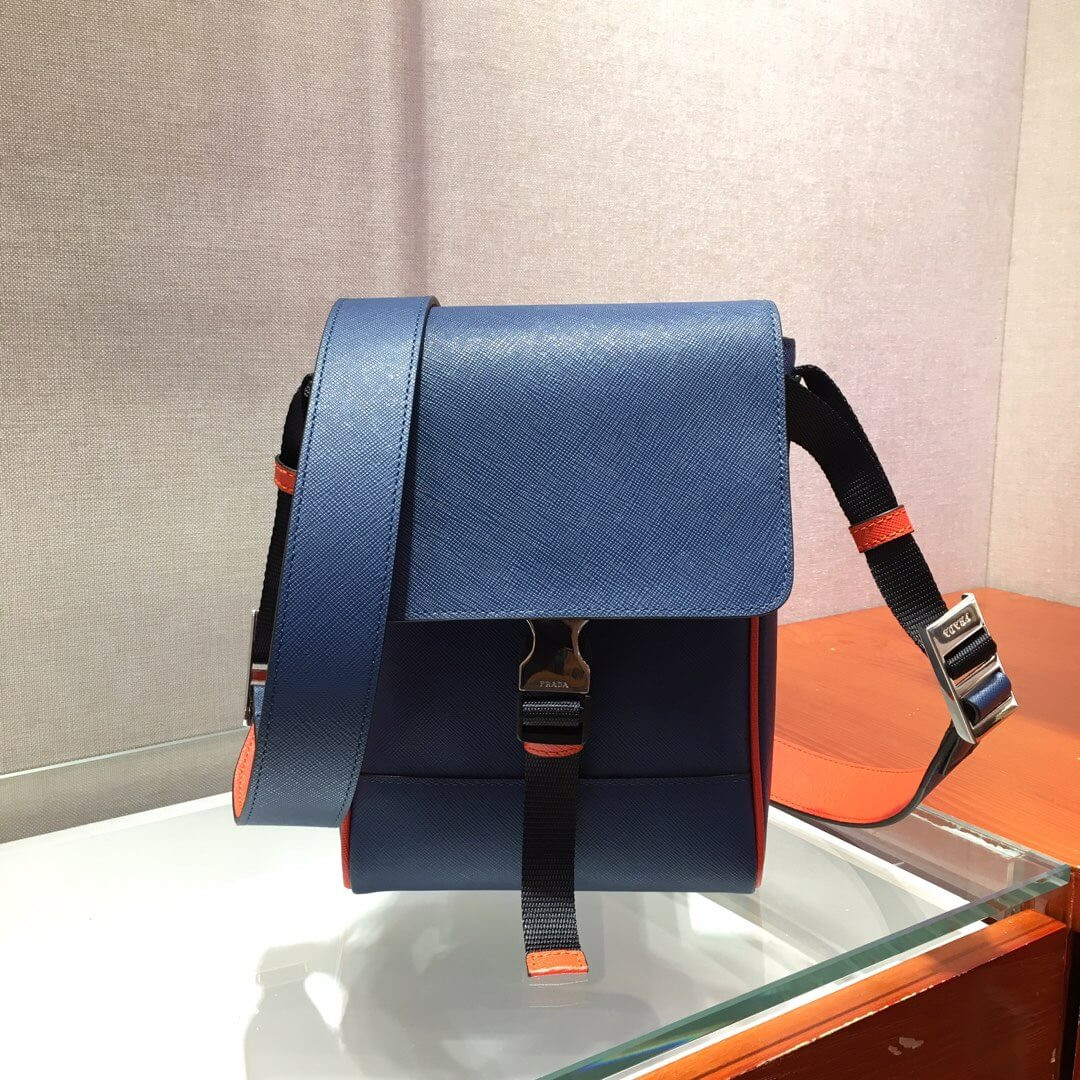 Prada Saffiano Leather Shoulder Bag 2VD019 Blue/Orange