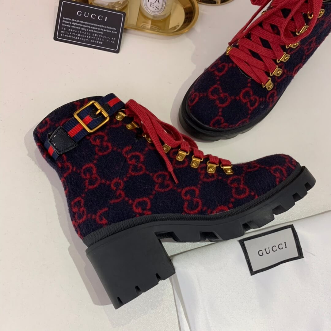 Gucci Trip GG Wool Combat Boots 583349 Blue/Red