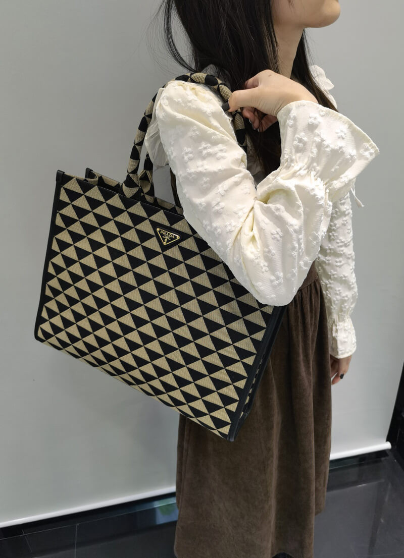 Prada Large Symbole Embroidered Fabric Handbag 1BA356 Black/Beige