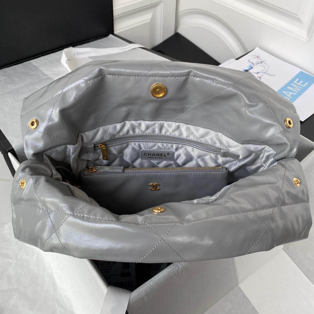 Chanel 22 Small Handbag Shiny Calfskin AS3260 Grey With logo Gold