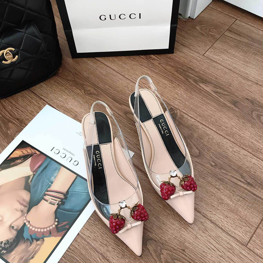 Gucci Eleonor Strawberry Patent Slingback Pumps 286148 Beige