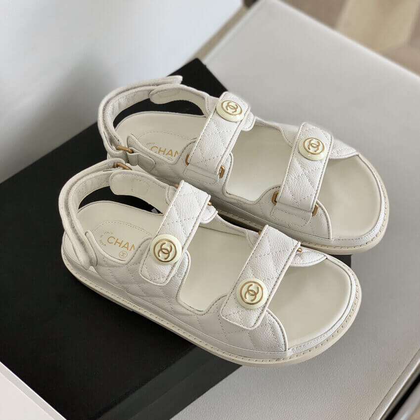 Chanel CC Button Velcro Sandals Grained Calfskin Leather 261157