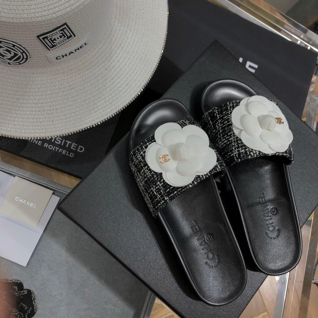 Chanel Camellia Iconic Tweed Flower Mules G14021