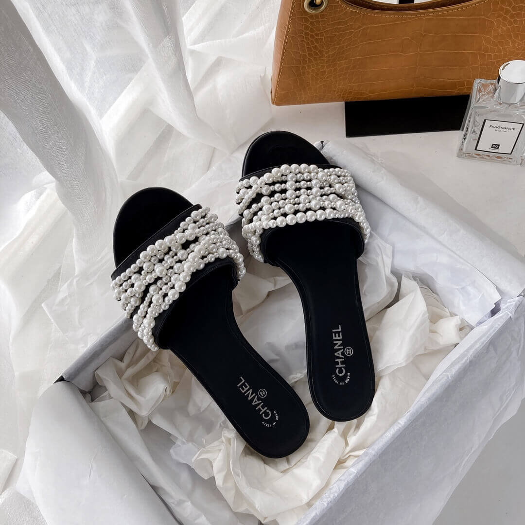Chanel Satin CC Pearl Sandal Flats 36123